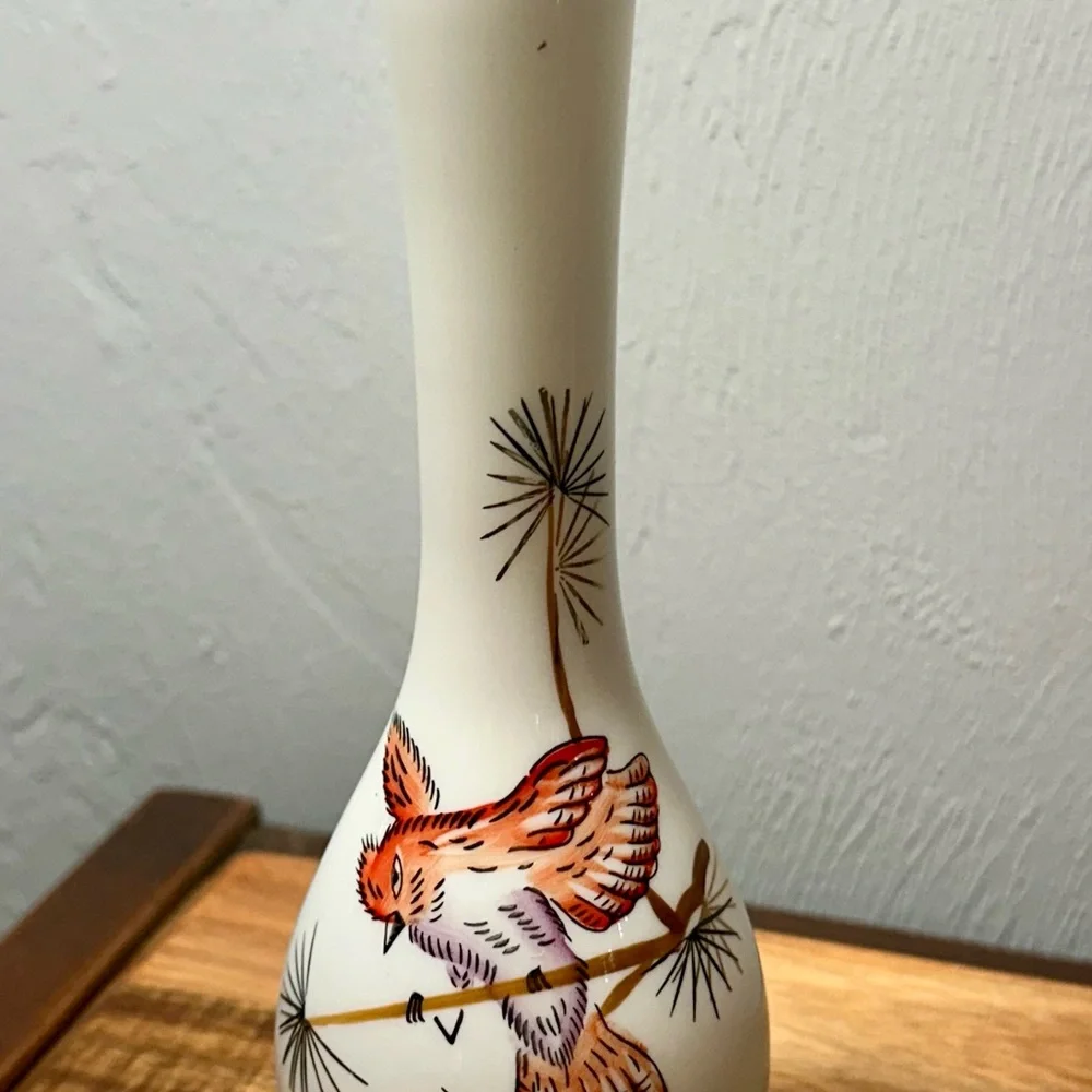 White Ceramic Bud Vase with Gold Trim and Orange Bird Motif